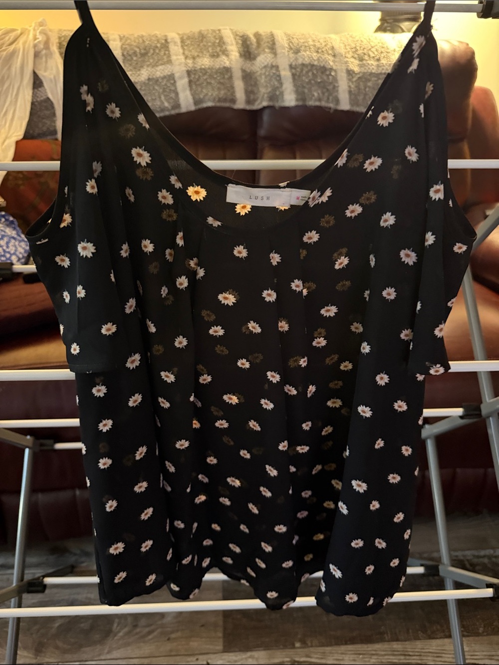 Lush Black Daisy Print Cold-Shoulder Camisole